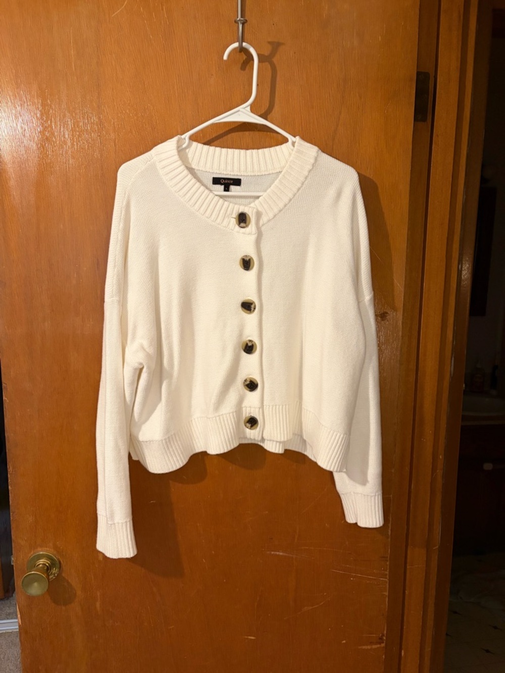 Quince Cream Button-Front Knit Cardigan with Tortoiseshell Buttons